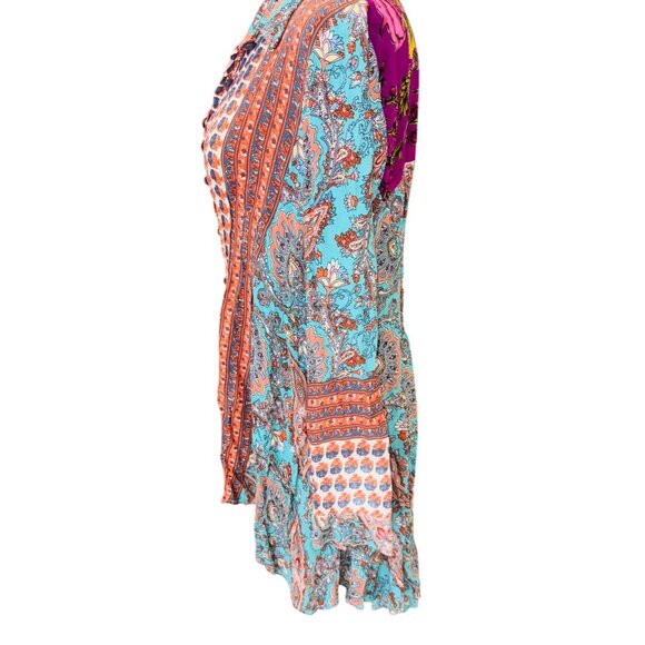 Anthropologie CYRENA Mixed Print Boho Button Front High Low LS Tunic Top L Artsy - Picture 4 of 9
